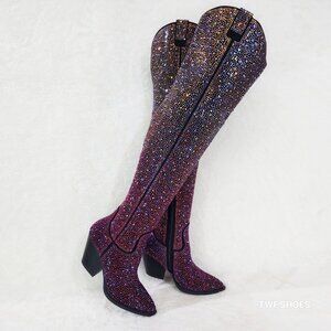 Country Glam Black Multi Color Rhinestone Disco Western Cowgirl Thigh High Boots